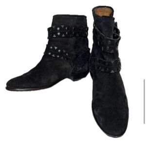 Frye Carly Black Suede Ankle Boots with Studded Straps size 7M